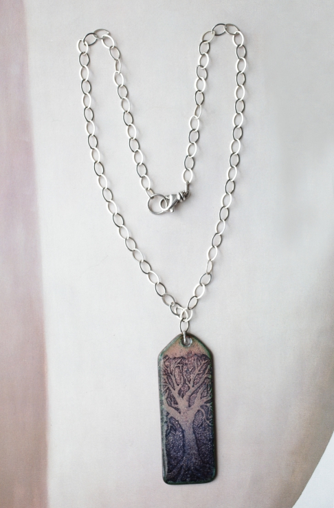 Sunset Tree Necklace by Catherine DeYoung | Vitreous enamel on copper pendant on sterling silver chain. Sunset Tree Necklace